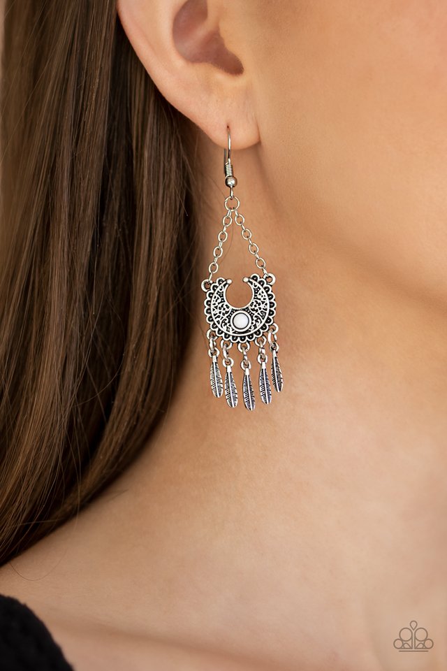 Fabulously Feathered - White - Paparazzi Earring Image