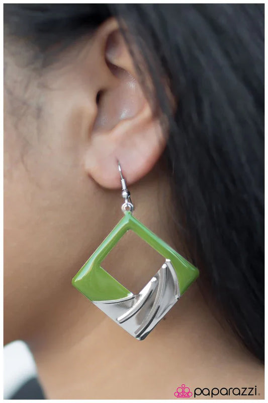 Paparazzi Earring ~ Square Dancin - Green