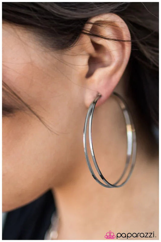 Paparazzi Earring ~ Two HOOPs and A Holler - Black