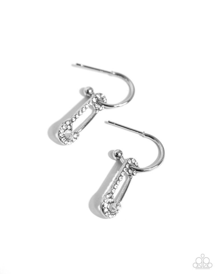 Safety Pin Sentiment - White - Paparazzi Earring Image