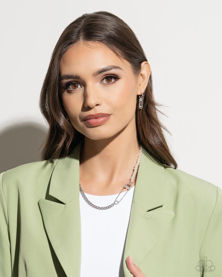 Safety Pin Sentiment - White - Paparazzi Earring Image