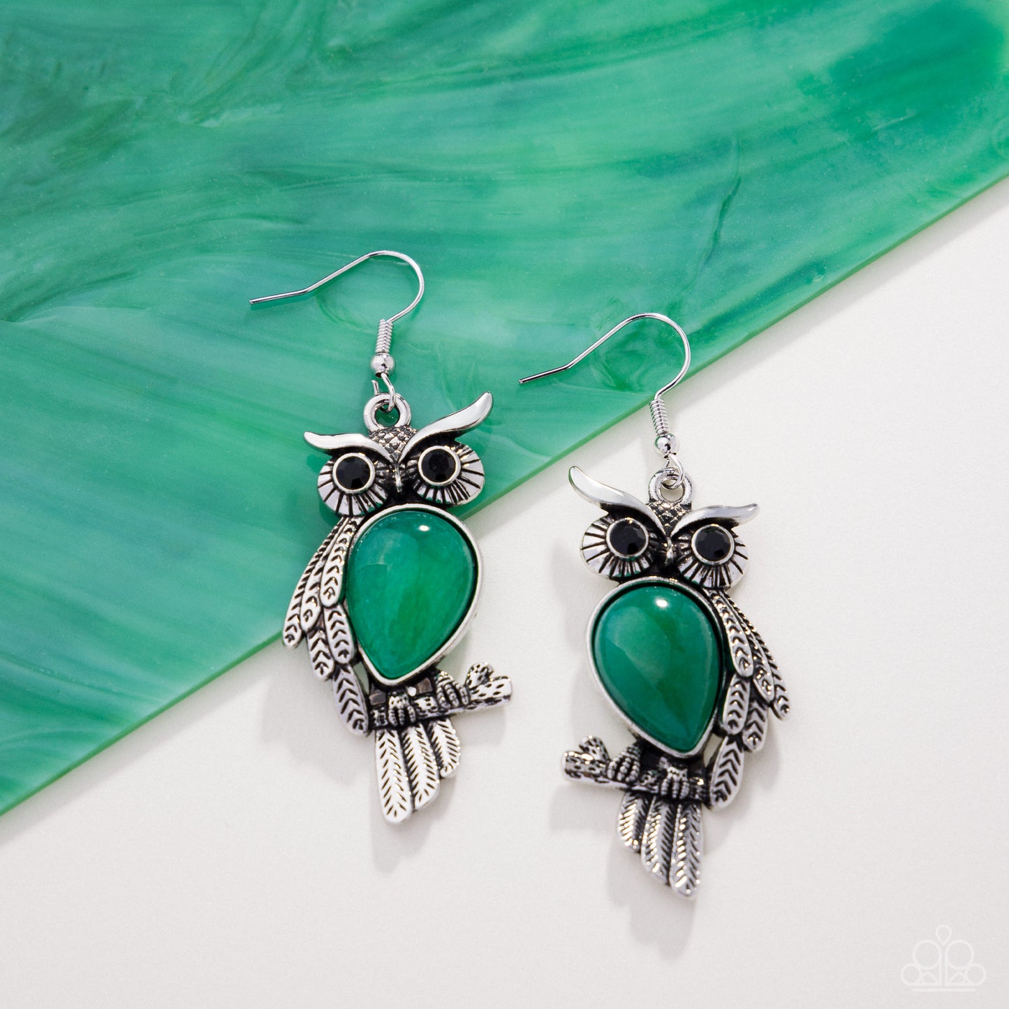 Owl Observation - Green - Paparazzi Earring Image