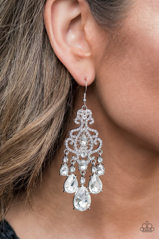 Paparazzi Earring EMP Exclusive ~ Queen Of All Things Sparkly - White
