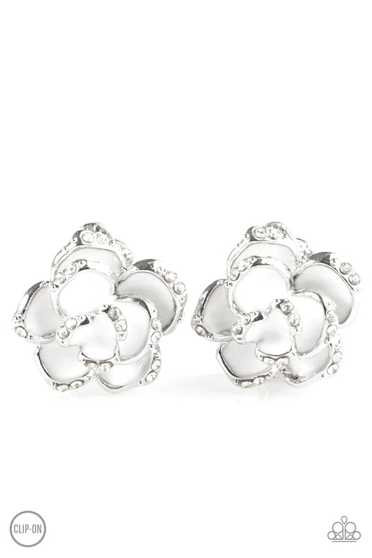 Paparazzi Earring ~ Rosebud Social - White Clip-On