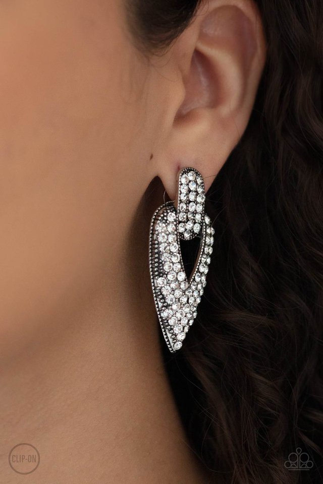 Blinged Out Buckles - White - Paparazzi Earring Image